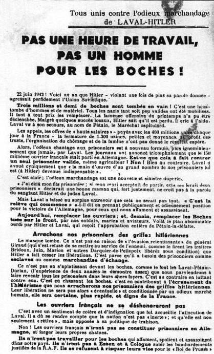 Tract de la Rsistance dnoant le pacte Laval-Hitler